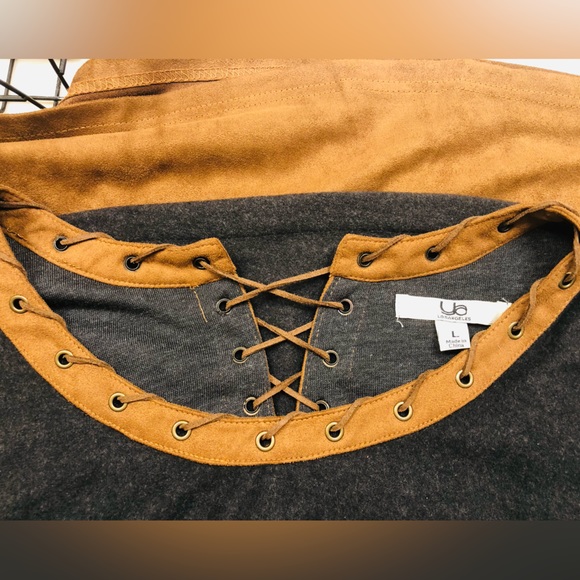 Ya Los Angeles Size Large Gray and Brown Suede Trim Straight Pull Over Dress - Picture 6 of 8